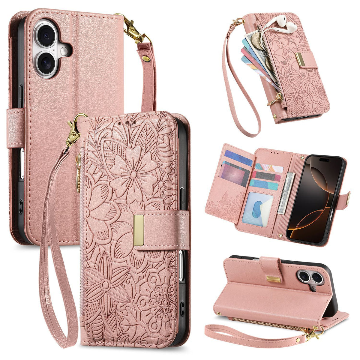 Floral PU Leather Foldable Wallet Case for iPhone 17 | Magnetic Closu