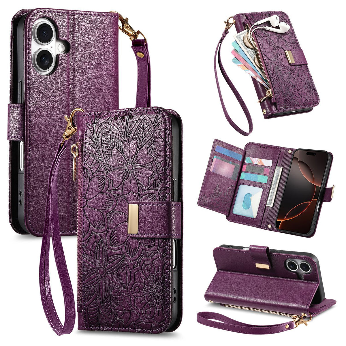 Floral PU Leather Foldable Wallet Case for iPhone 17 | Magnetic Closu