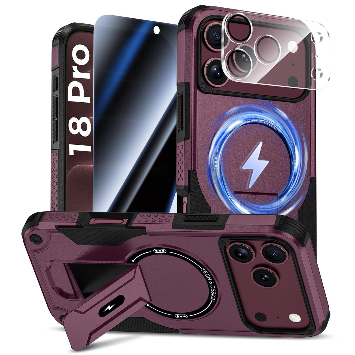 MagSafe Phone Case with Stand for iPhone 17 Pro Max, Anti-Peep & Lens Protector