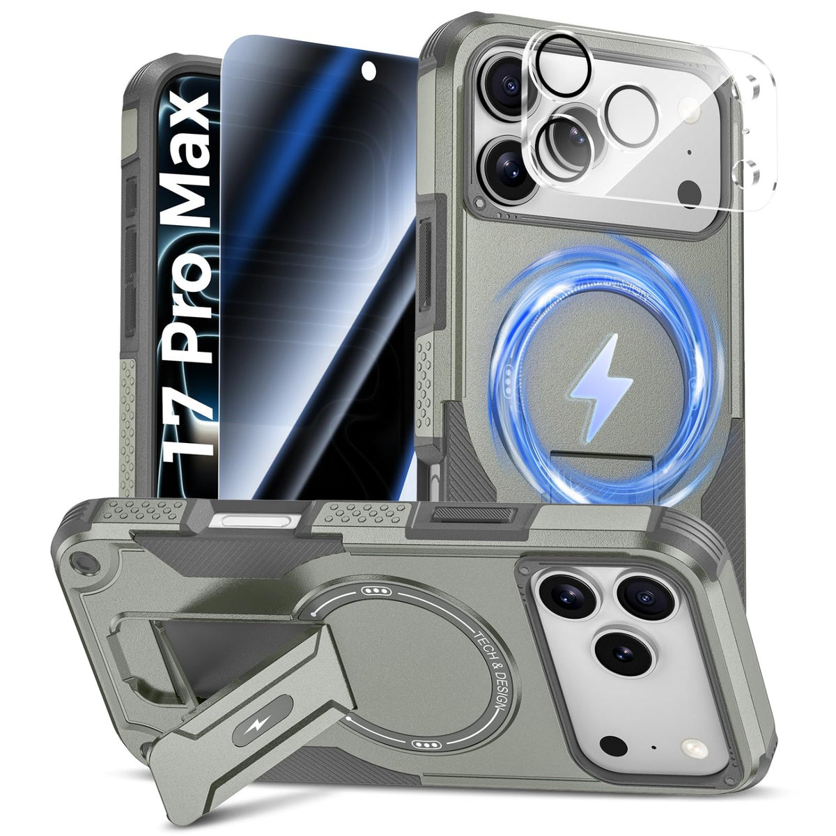 MagSafe Phone Case with Stand for iPhone 17 Pro Max, Anti-Peep & Lens Protector